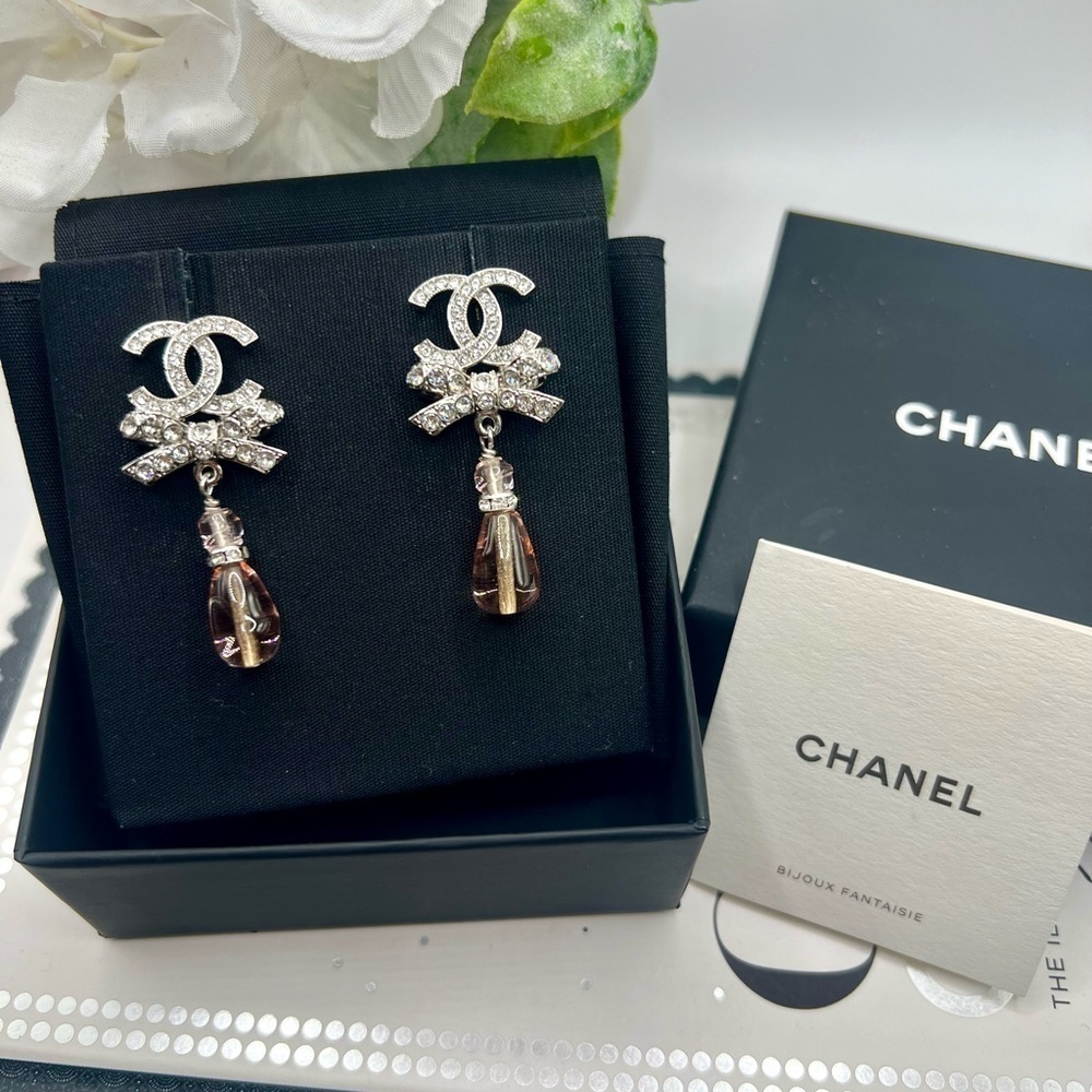 CHANEL Silver CC Bow Pink Bead Drop Earrings